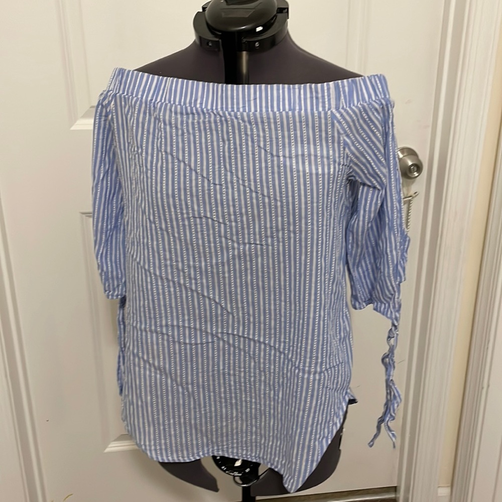 Blue striped blouse off the shoulder